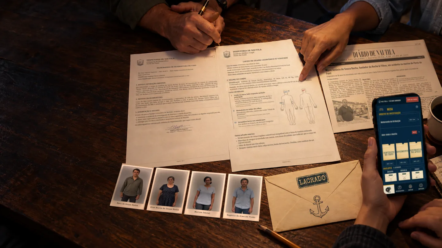 Mãos de três pessoas sobre os documentos de um caso: laudo, jornal, fotos dos suspeitos, envelope lacrado e um celular com a investigação aberta.