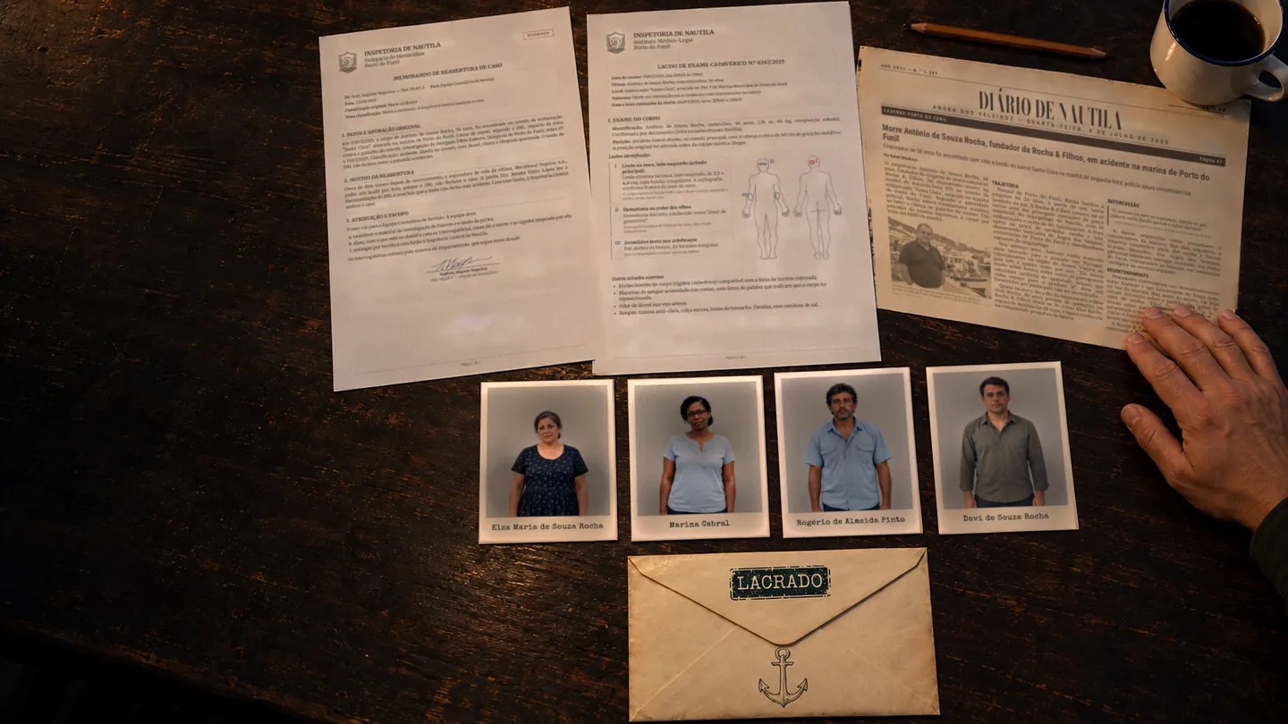 Dossiê de O Último Embarque visto de cima: memorando, laudo, jornal, quatro fotos de suspeitos e um envelope lacrado sobre uma mesa de madeira.