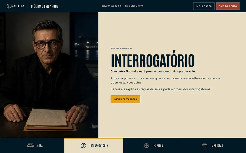 Tela de abertura do interrogatório com o Inspetor Nogueira.