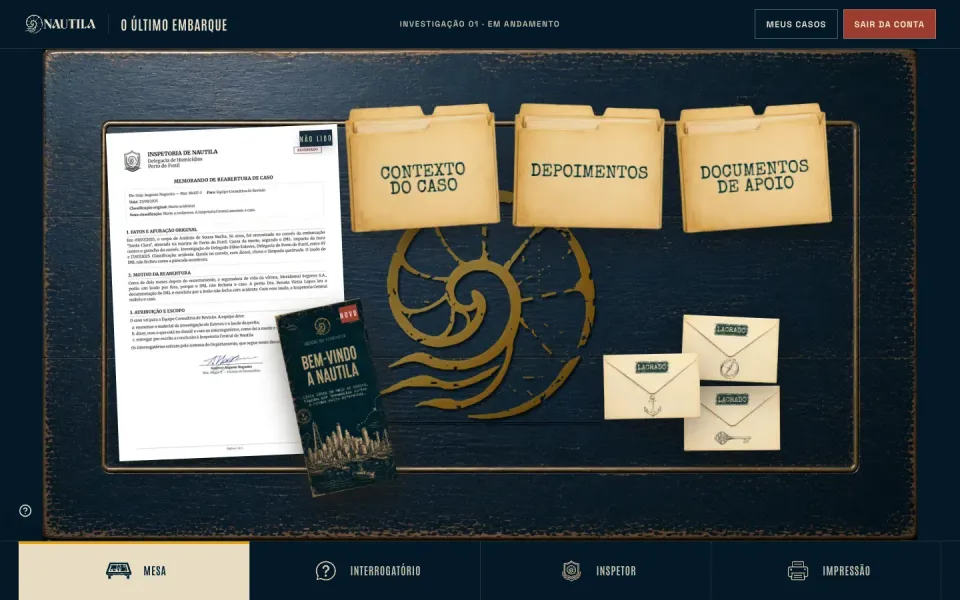 Tela com os documentos do caso organizados em pastas.