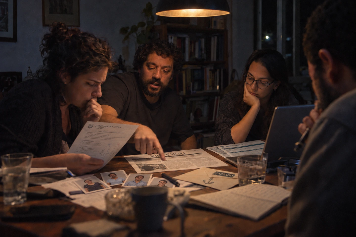 Quatro amigos à noite em volta de uma mesa, discutindo os documentos impressos de um caso.