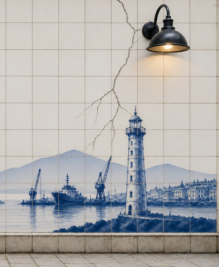 Painel de azulejos pintados com o farol, o porto e o casario de Nautila, rachado de alto a baixo.